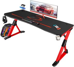 63 inch Gaming Desk Z Shaped Computer Desk Home Office Desk PC Gaming Table with Handle Rack Cup Holder Headphone Hook, Red