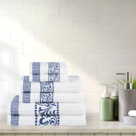 Athens Cotton Greek Scroll and Floral 6 Piece Assorted Towel Set (Color: Navy blue, size: 6 Piece Towel Set)