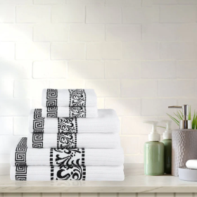 Athens Cotton Greek Scroll and Floral 6 Piece Assorted Towel Set (Color: Ivory-Black, size: 6 Piece Towel Set)