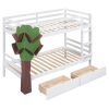 Twin-Over-Twin Bunk Bed with a Tree Decor and Two Storage Drawers