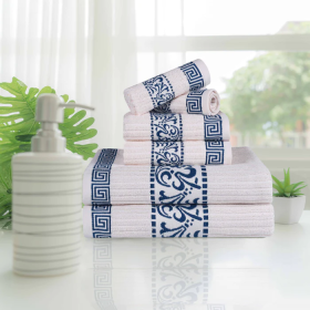 Egyptian Cotton Dobby Border Medium Weight 6 Piece Towel Set (Color: Navy blue, size: 6 Piece Towel Set)