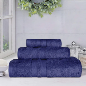 Ultra Soft Cotton Absorbent Solid Assorted 3 Piece Towel Set (Color: Navy blue, size: 3 Piece Towel Set)