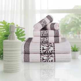 Athens Cotton Greek Scroll and Floral 6 Piece Assorted Towel Set (Color: Ivory-Chocolate, size: 6 Piece Towel Set)