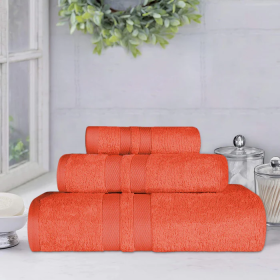 Ultra Soft Cotton Absorbent Solid Assorted 3 Piece Towel Set (Color: Tangerine, size: 3 Piece Towel Set)